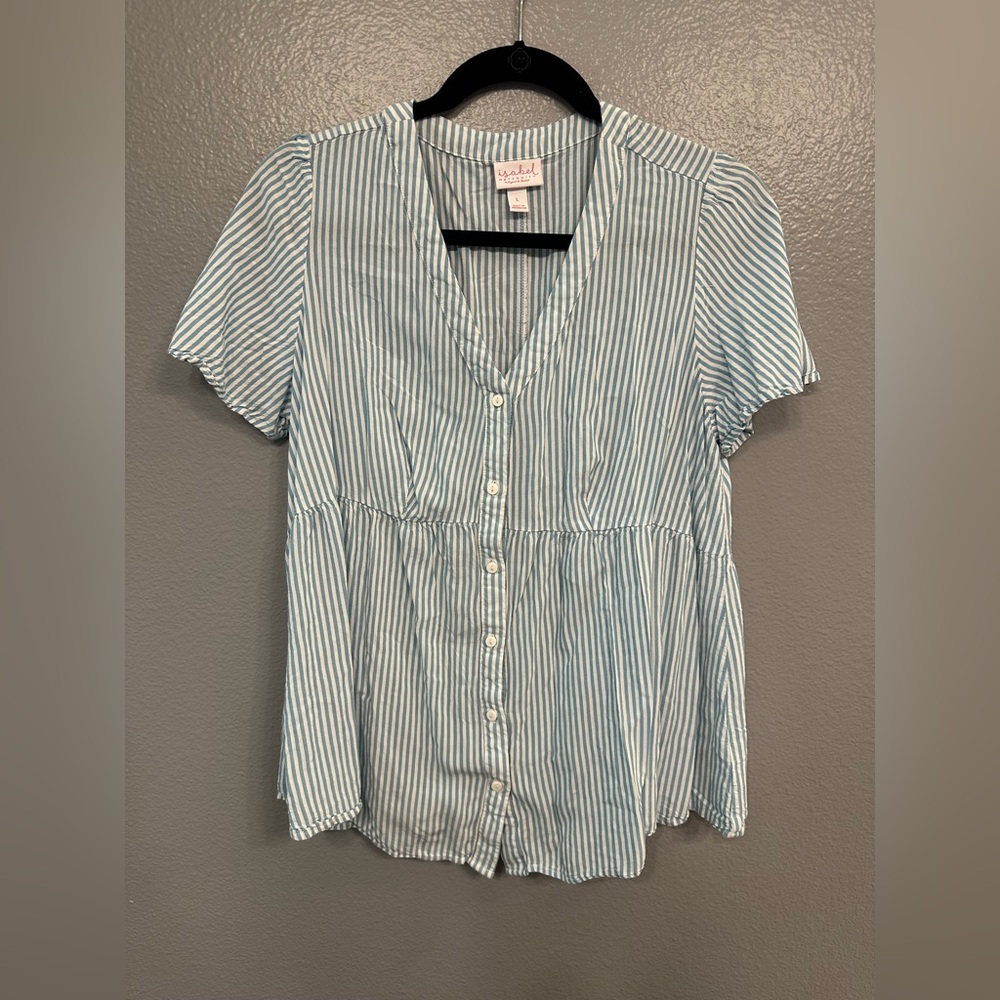 Short-Sleeved Blue & White Striped Maternity Top